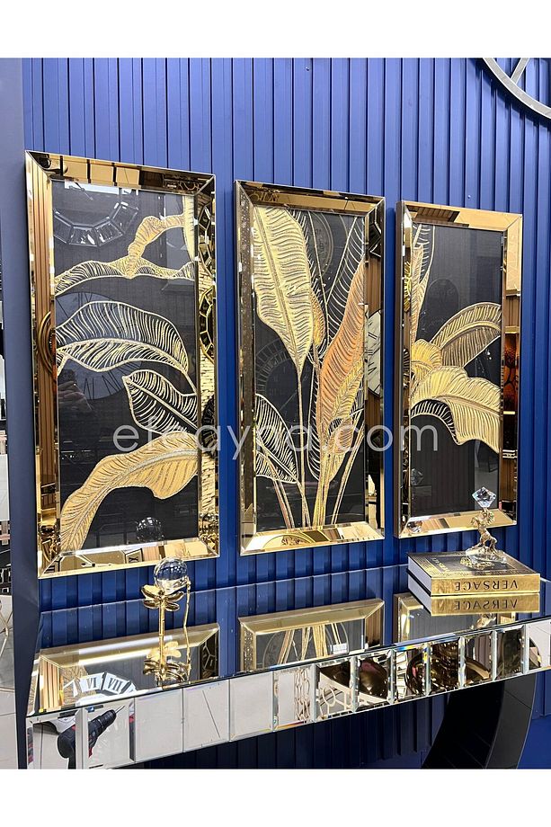 STARLİÇE - 3'LÜ GOLD AYNA TABLO SETİ-40x90cm  (40x90cm  x 3adet tablo ) - 3