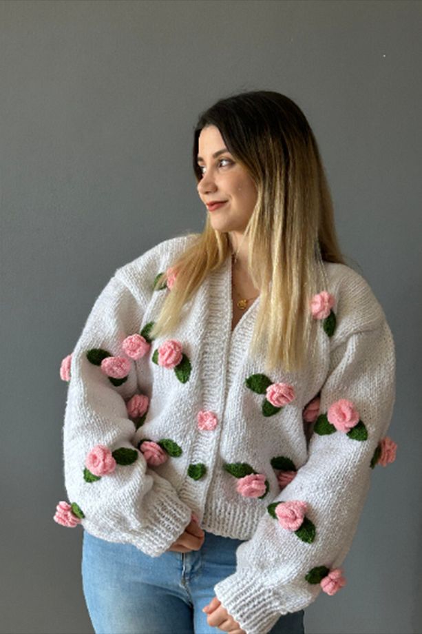 El Örgüsü Pembe Gül Hırka - 5