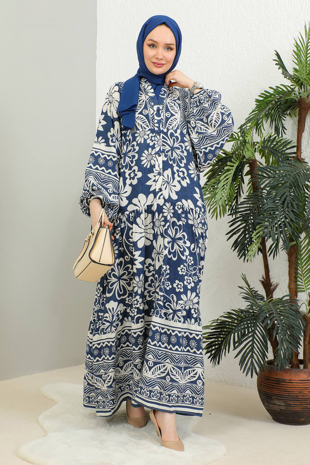 فستان فيسكوز أصلي منقوش باللون الأزرق الداكن - 3