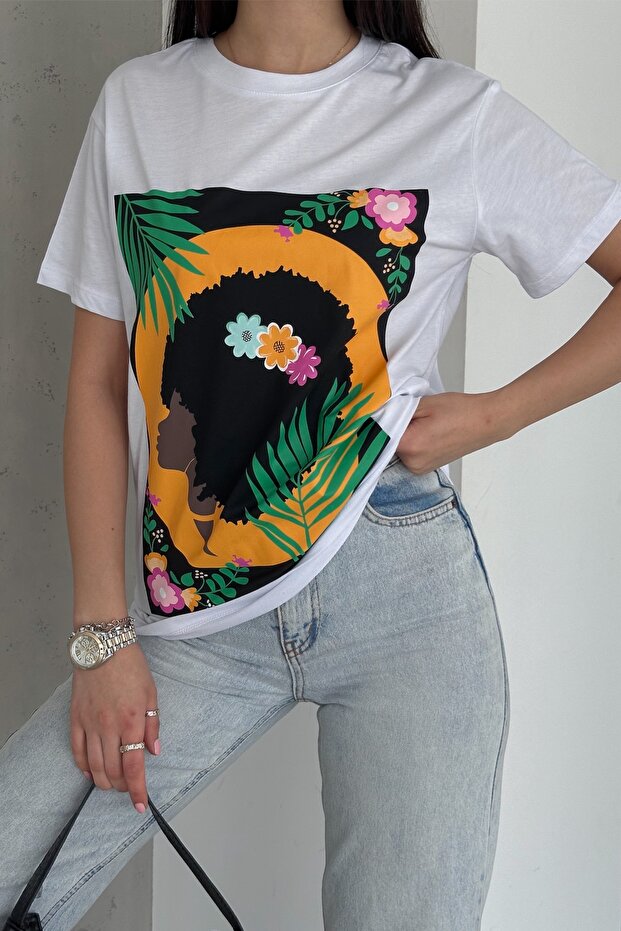 Women's White Printed Cotton T-Shirt