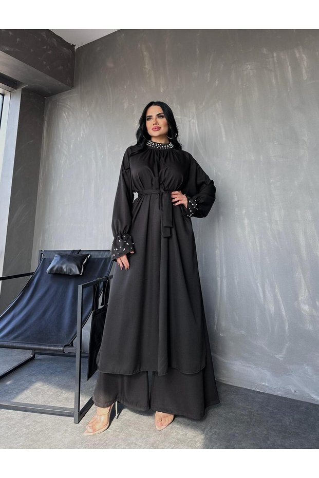 WOMEN'S 2-PIECE COLLAR AND SLEEVES STONE EMBROIDERED TUNIC PANTS SKIRT SET