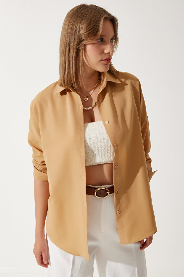 Happiness İstanbul Kadın Camel Oversize Uzun Basic Gömlek DD00842