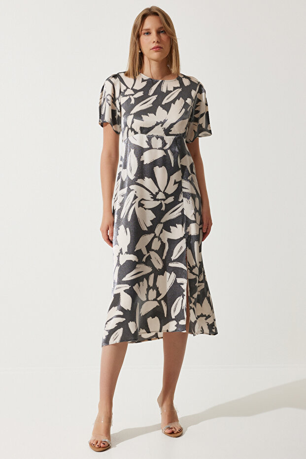 Women's Smoked Patterned Satin Surface Slit Summer Dress CR00430
