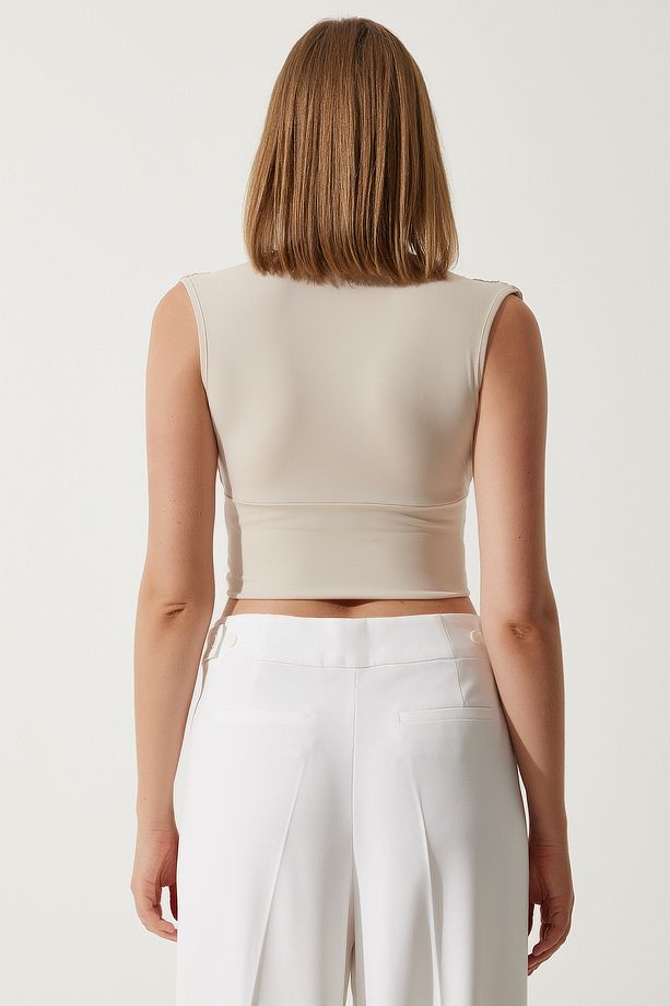 Kadın Krem Derin V Yakalı Crop Sandy Örme Bluz BF00039 - 5