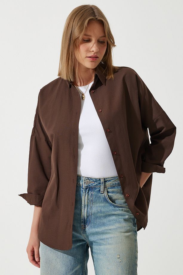 Kadın Acı Kahve Oversize Uzun Basic Gömlek  DD00842 - 5