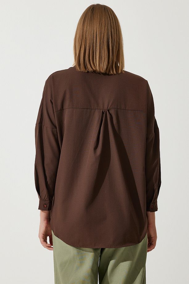 Kadın Acı Kahve Oversize Uzun Basic Gömlek  DD00842 - 4