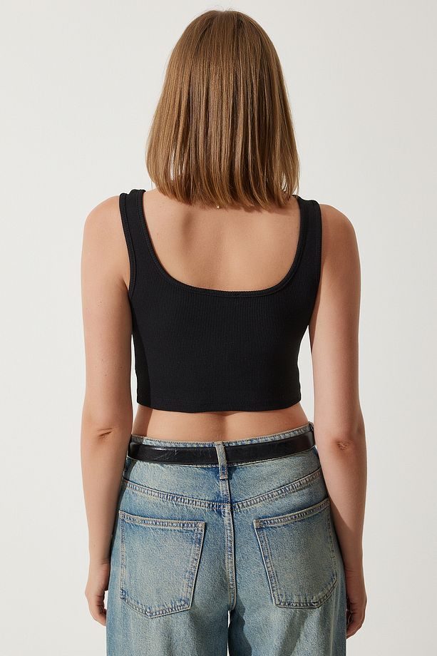 Kadın Siyah Beyaz Askılı Crop İkili Paket Örme Bluz GT00034 - 5