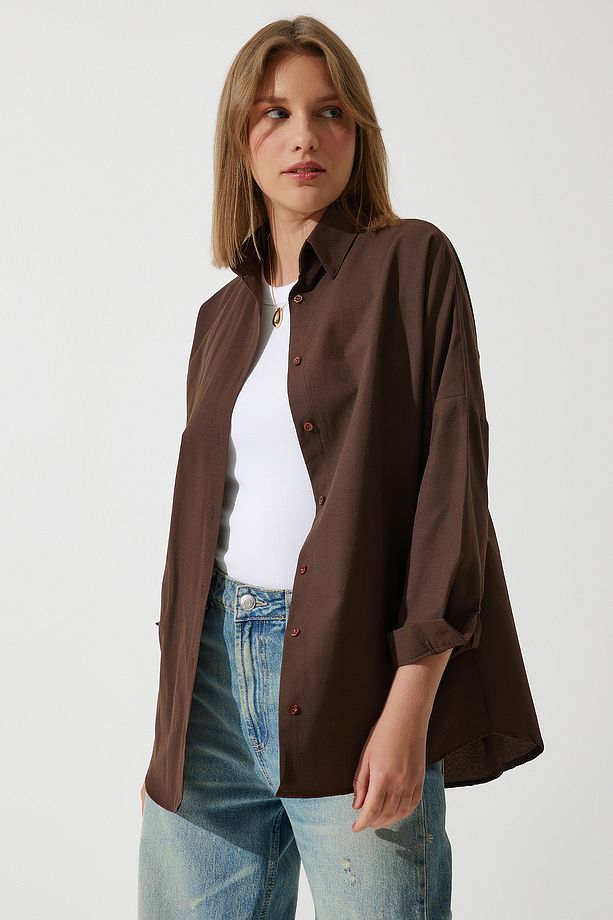 Kadın Acı Kahve Oversize Uzun Basic Gömlek  DD00842 - 6