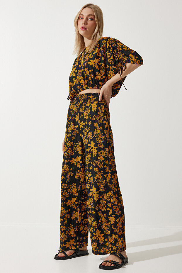 Women's Black Mustard Patterned Blouse Palazzo Knitted Set MC00264