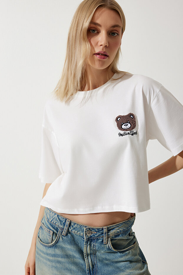 Women's Ecru Teddy Bear Embroidered Crop Knitted T-Shirt HF00456