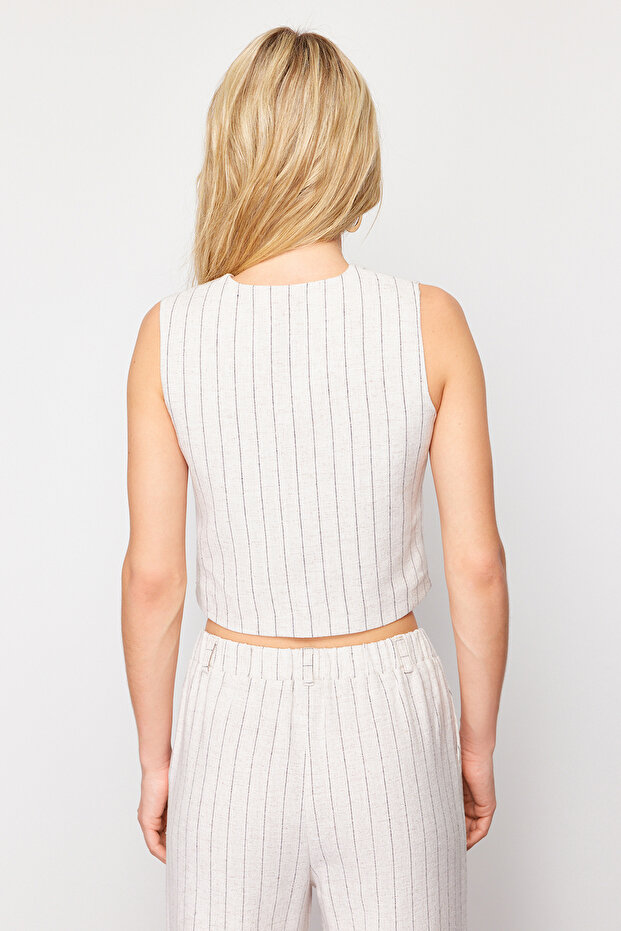 Bej Çizgili Pamuk Keten Crop Dokuma Yelek TWOSS24YE00025 - 6
