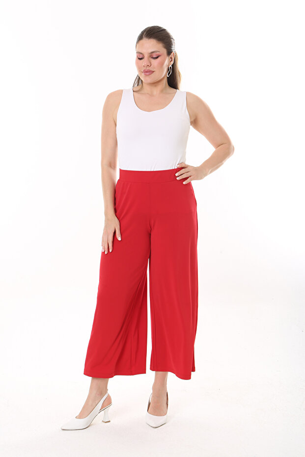 Dámske veľké červené široké nohavice z lycra pieskovej látky s elastickým pásom 65n37443 - 7