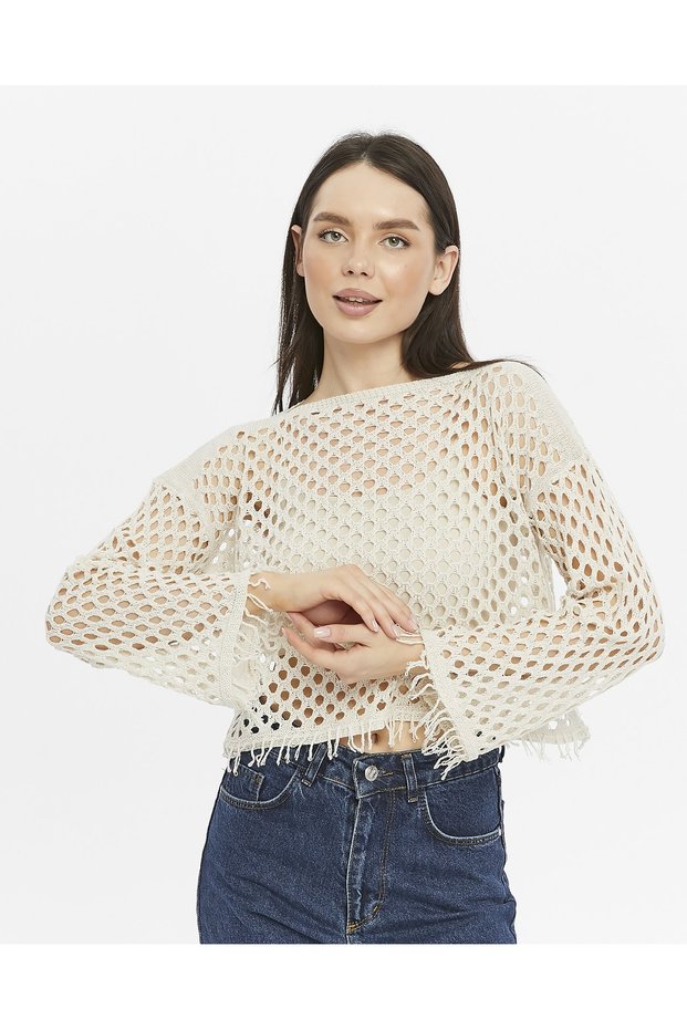 knitical tassel detailed Bolero Knit Black Crop Blouse Openwork Knitwear Knitted