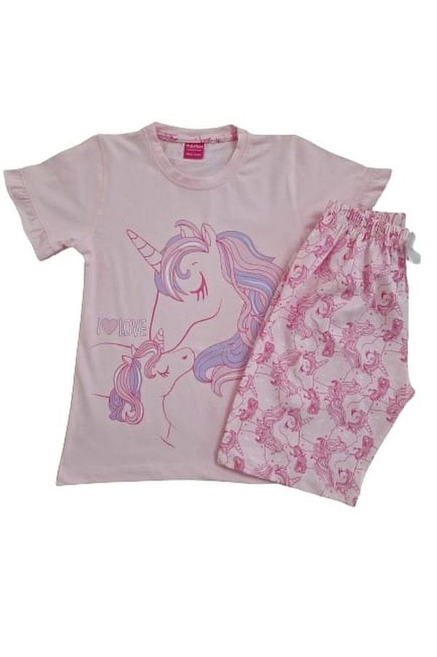 Kız Çocuk %100 Pamuklu Pembe Bisiklet Yaka Kısa Kollu Unicorn Baskılı Şortlu Pijama Takımı - 2