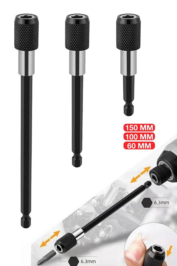 Profesyonel  Paslanmaz Vanadium Çelik   6 10 15 Cm 3 Lü Bits Uzatma Adaptörü 3 Adet - 4