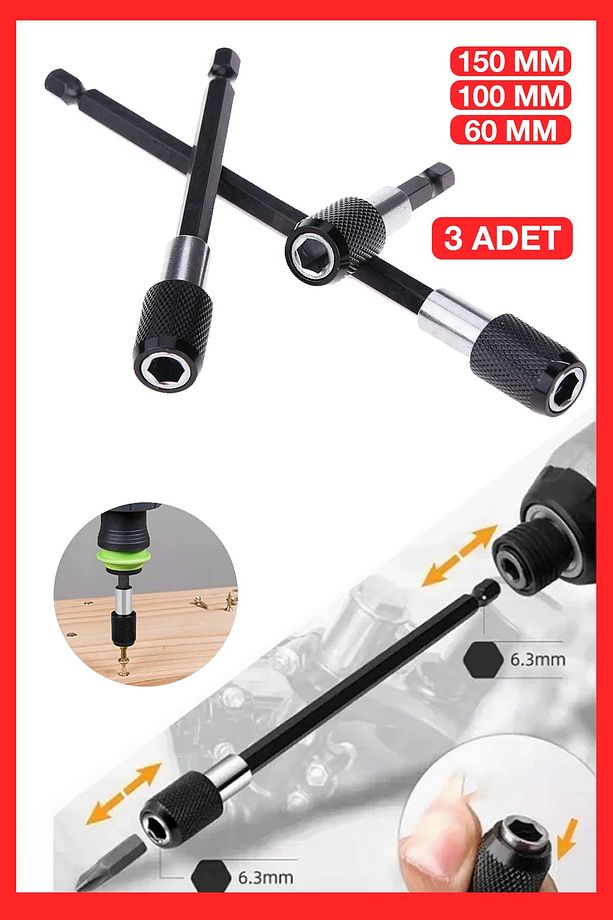 Profesyonel  Paslanmaz Vanadium Çelik   6 10 15 Cm 3 Lü Bits Uzatma Adaptörü 3 Adet - 1