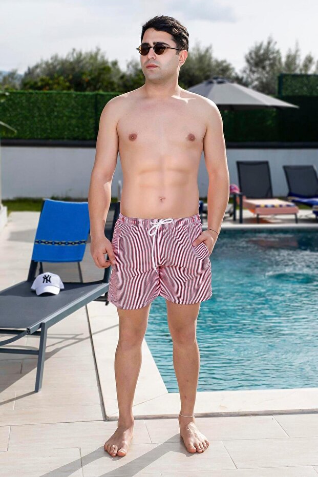 Men's Basic Thin Striped Printed Pink Sea Shorts with Pockets