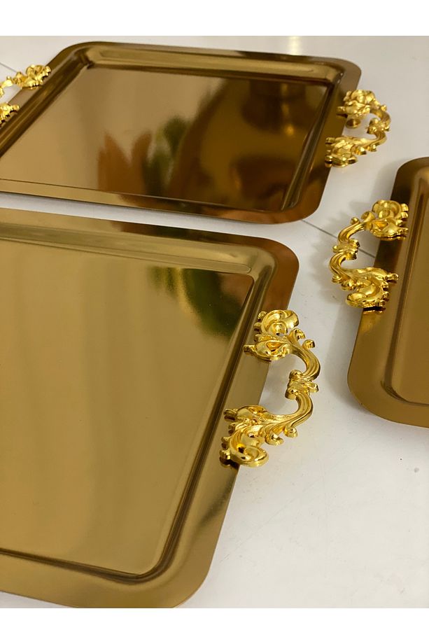 ÇELİK GOLD KAPLAMA KULPLU KARE MODEL 3 ADET SERVİS VE SUNUM TEPSİSİ - 3