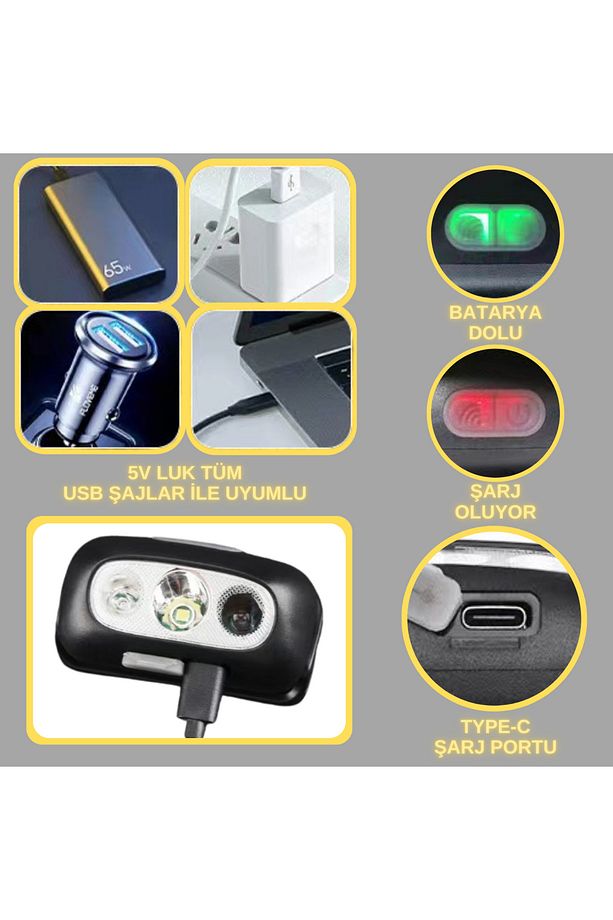 Sensörlü Kafa Lambası Kamp Balıkçılık ve Günlük Yaşam Şarjlı Led Işık - 5