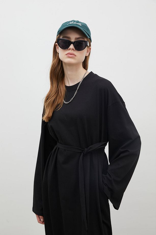 OVERSIZE PAMUKLU ELBİSE SİYAH - 4