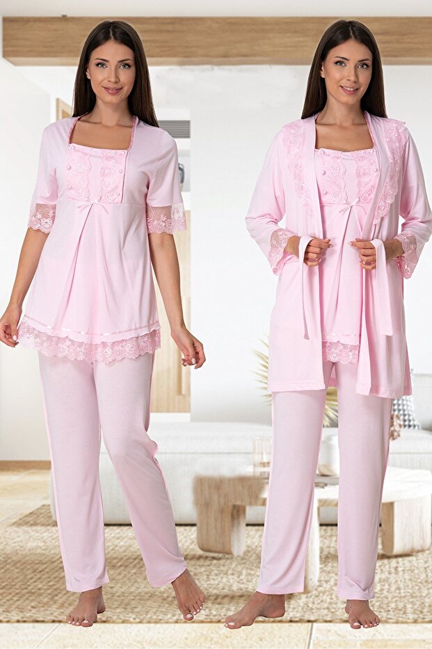 Women's Powder Lace Summer Cotton Combed Maternity Maternity Dressing Pajamas Set