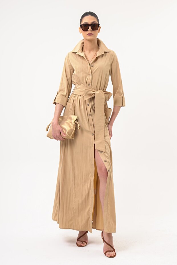 Beli Kuşaklı Düğmeli Elbise - 1