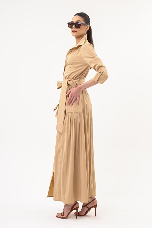 Beli Kuşaklı Düğmeli Elbise - 5