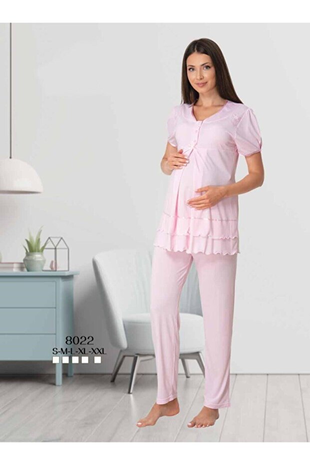 Women's Pink Short Sleeve Wide Soft Maternity Maternity Pajama Set