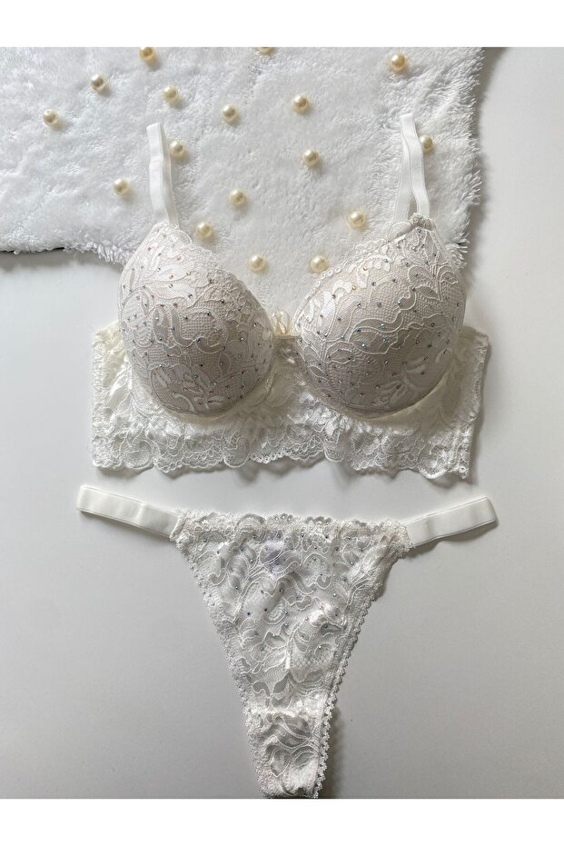 Sprinkled Stone Thin Strap Bra Set - 1