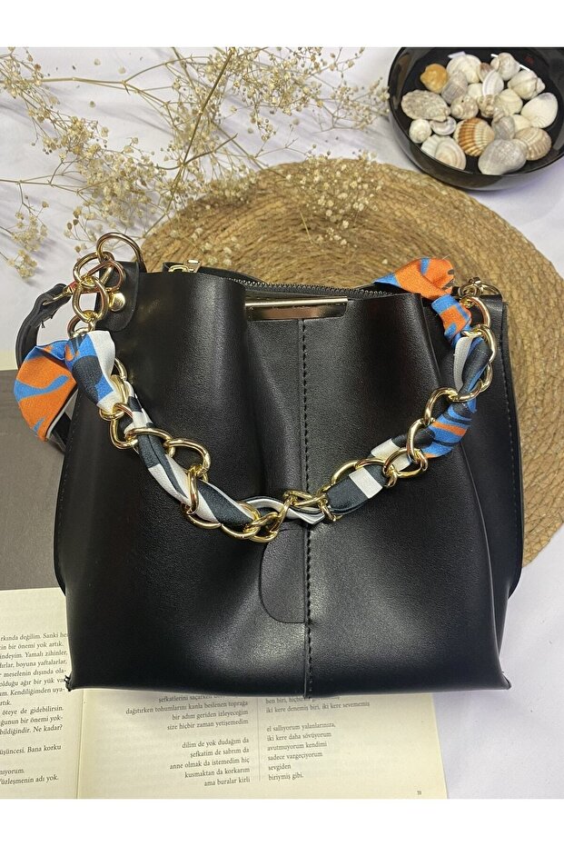 Bag with Scarf and Chain Accessory Arm Bag Shoulder Bag Soft Leather Look Bag