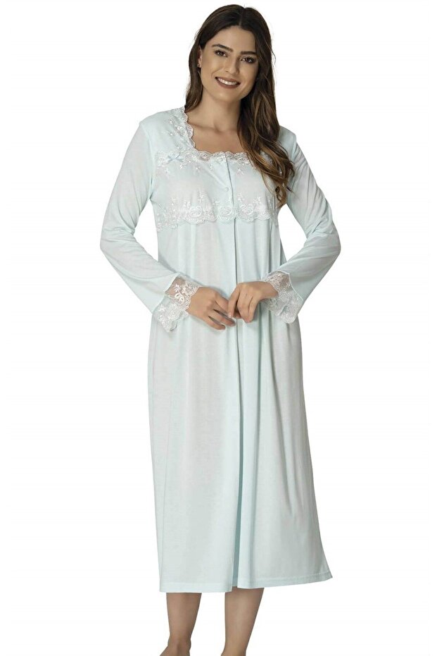 Women's Turquoise Lace Long Sleeve Cotton Maternity Nightie
