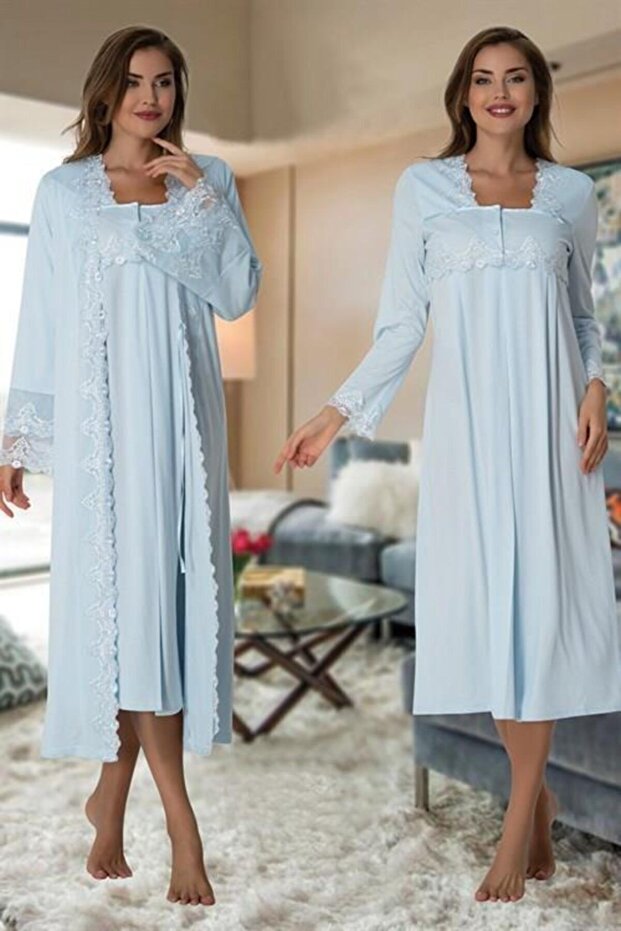 Blue Lace Lace Trimmed Maternity and Postpartum Nightgown and Robe Set