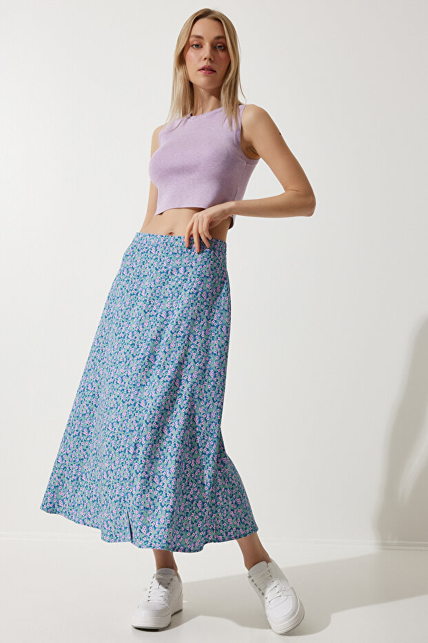 Women's Pink Blue Floral Slit Summer Viscose Skirt MX00165