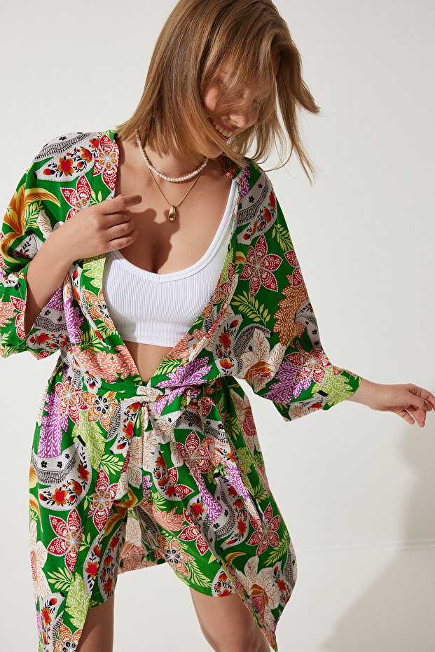 Women's Green Summer Viscose Kimono Shorts Set BP00161