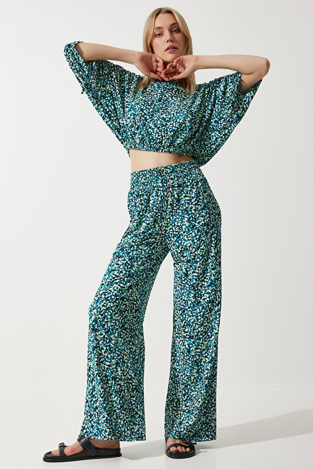 Women's Green Patterned Blouse Palazzo Knitted Set MC00264