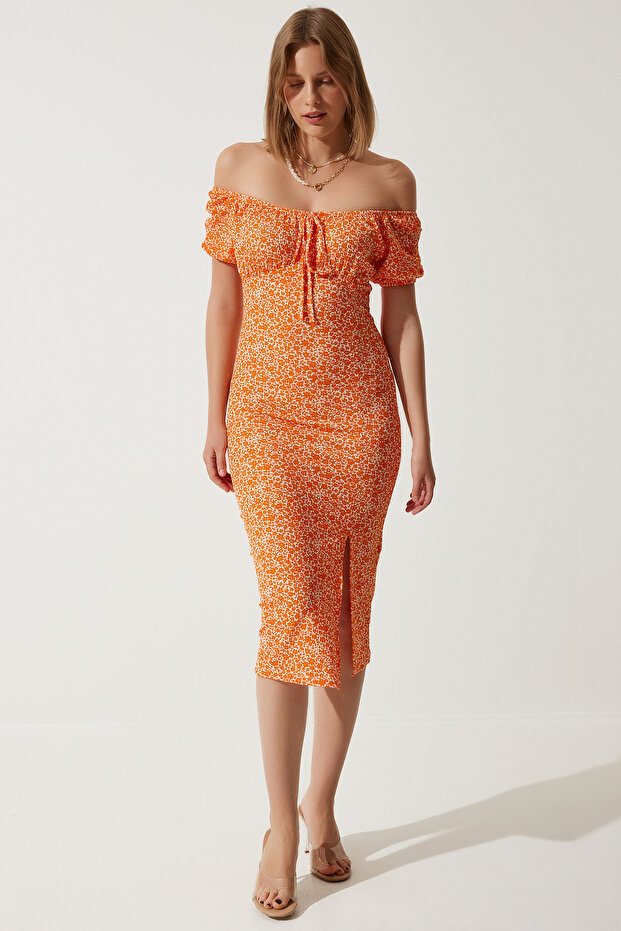 Women's Orange Patterned Gathered Knitted Dress CI00102