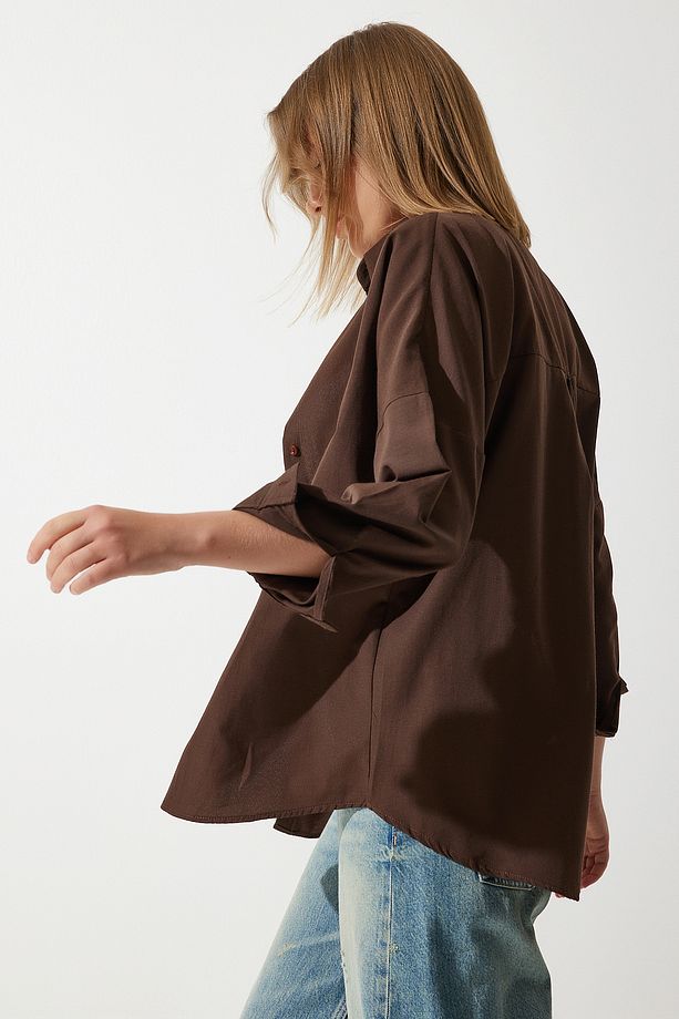 Kadın Acı Kahve Oversize Uzun Basic Gömlek  DD00842 - 7