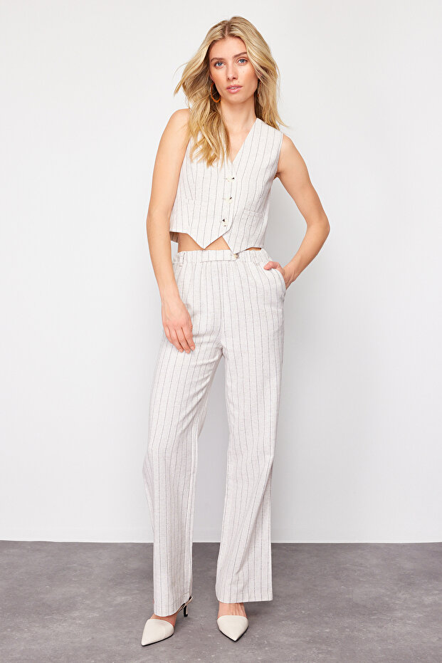 Bej Çizgili Beli Lastikli Cepli Straight/Düz Kesim Pamuk Keten Dokuma Pantolon TWOSS24PL00055 - 4