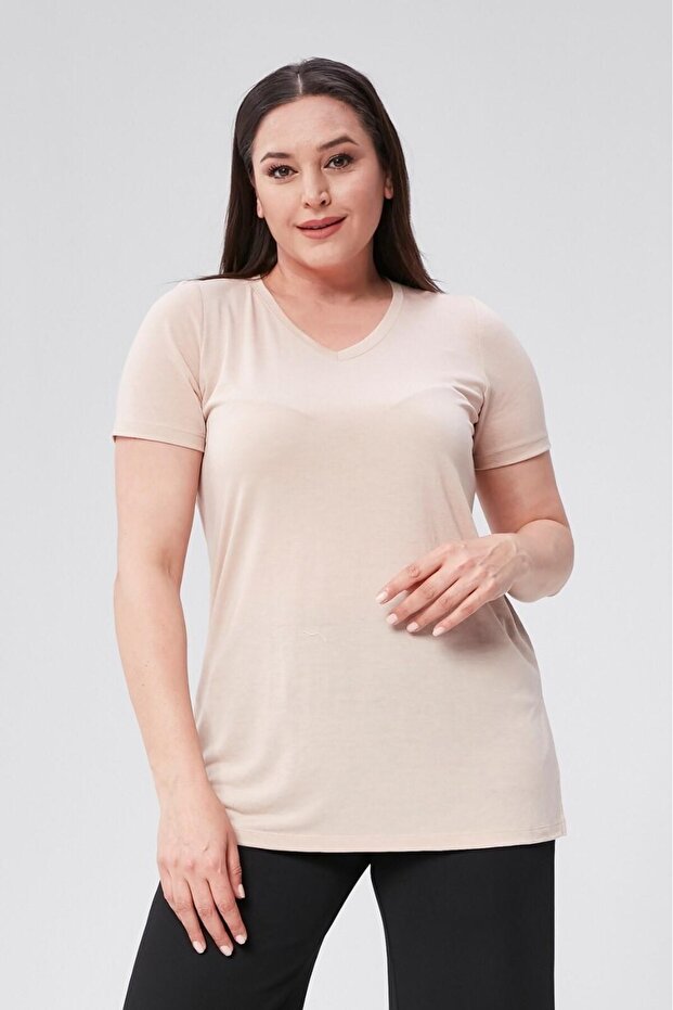 Plus Size V-Neck Slit Cotton Basic T-shirt-BEIGE