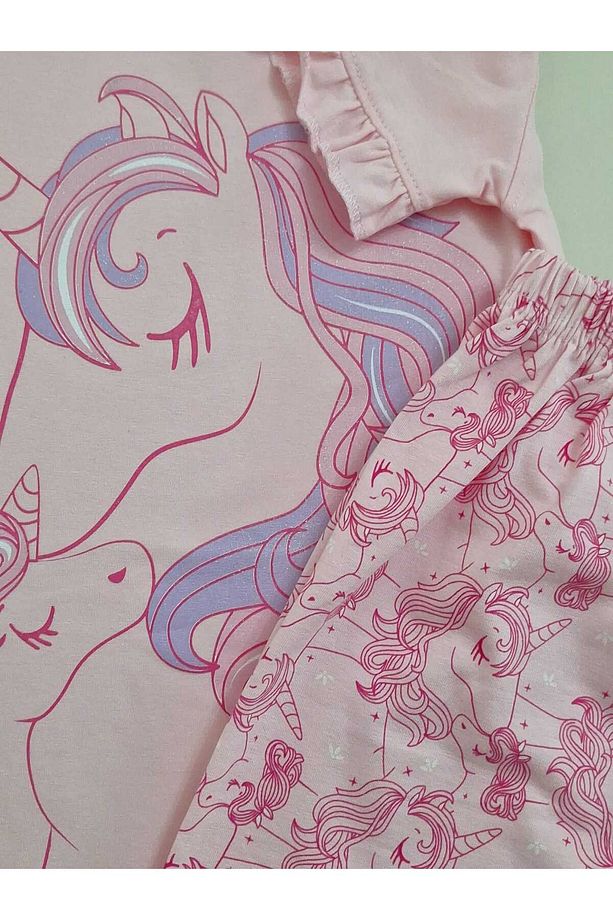Kız Çocuk %100 Pamuklu Pembe Bisiklet Yaka Kısa Kollu Unicorn Baskılı Şortlu Pijama Takımı - 3
