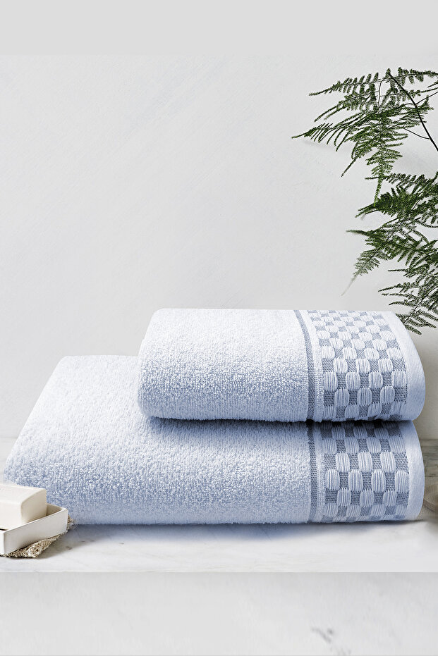 TOWEL SET BATHROOM AND HAND FACE TOWEL BABY BLUE COLOR BORDURY PATTERNED 1stQUALITY COTTON