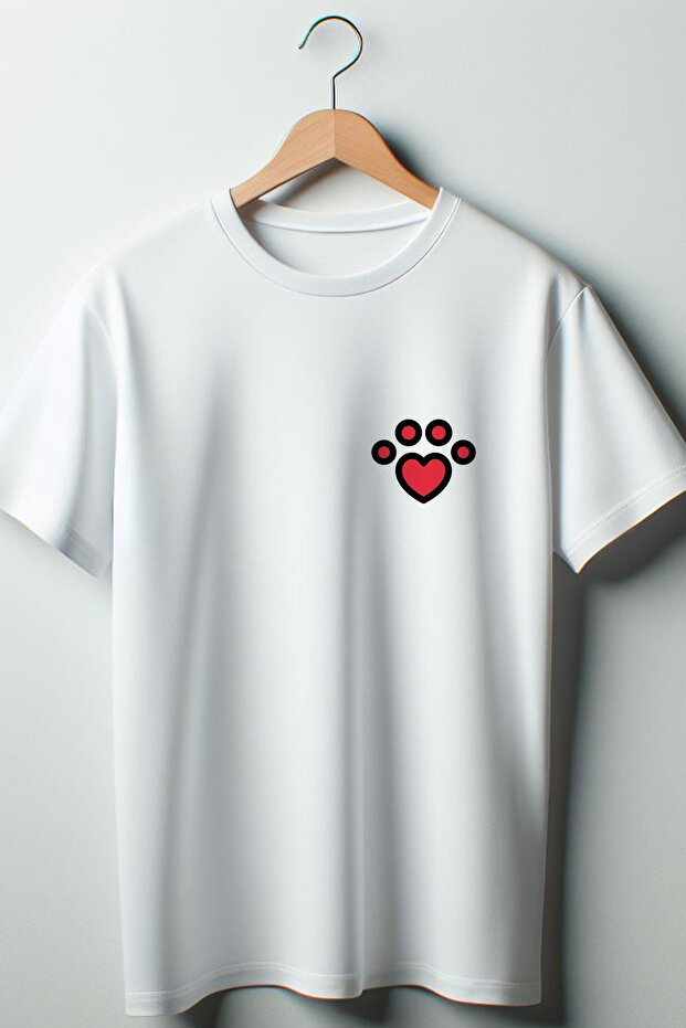 Paw Heart Printed Oversize Crew Neck White T-shirt