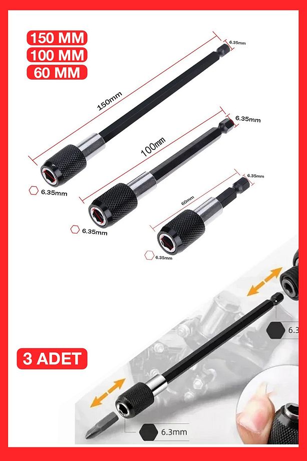 Profesyonel  Paslanmaz Vanadium Çelik   6 10 15 Cm 3 Lü Bits Uzatma Adaptörü 3 Adet - 3