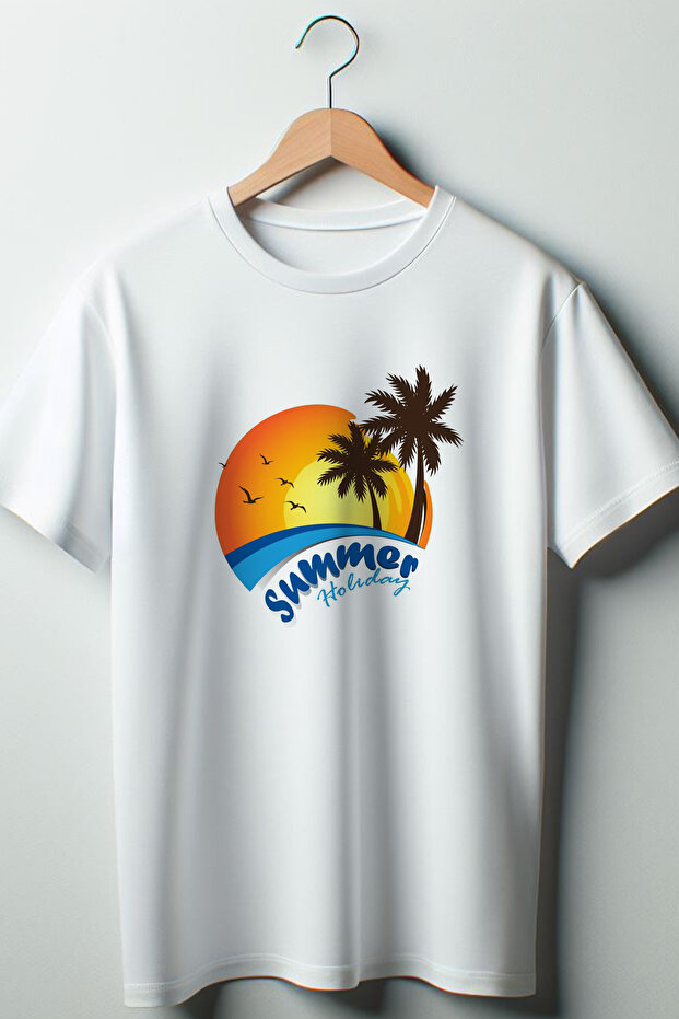 Summer Vacation Printed Oversize Crew Neck White T-shirt