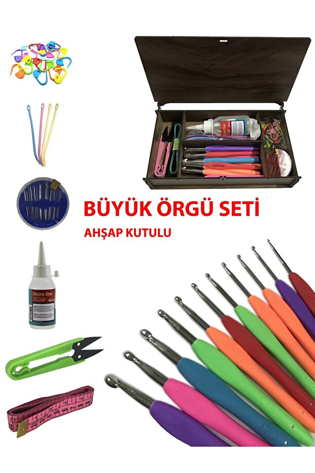 12 Adet Silikon Saplı Tığ ve Örgü Seti Ahşap Kutulu - 1