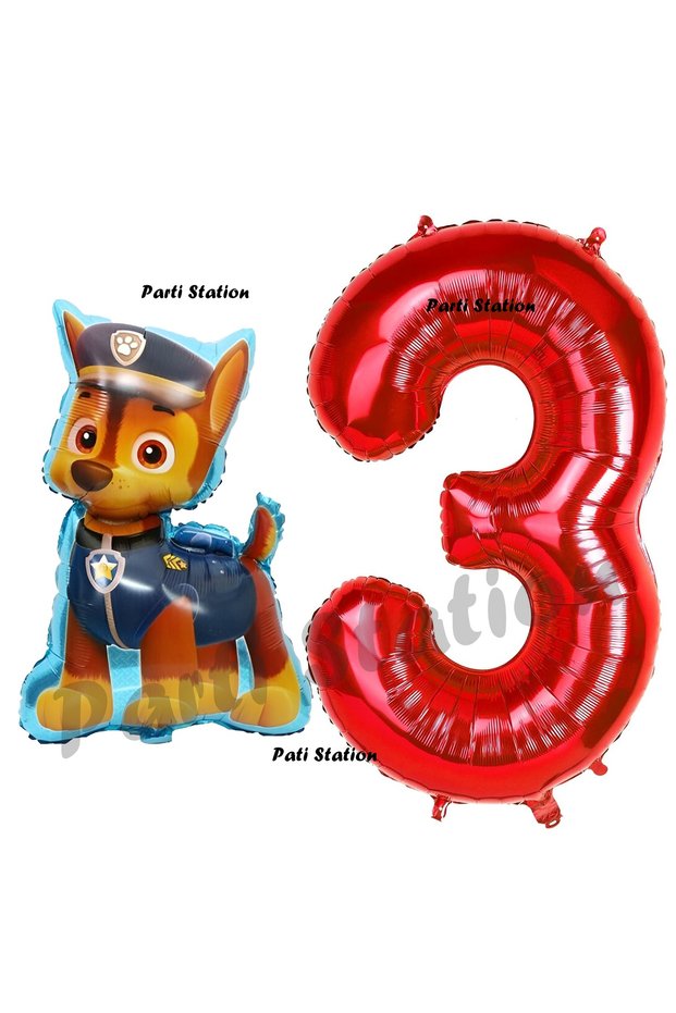 Paw Patrol Balloons, Paw Patrol Police Dog Chase 3 Years Old Balloons, and Red Number Balloons Birthday Set