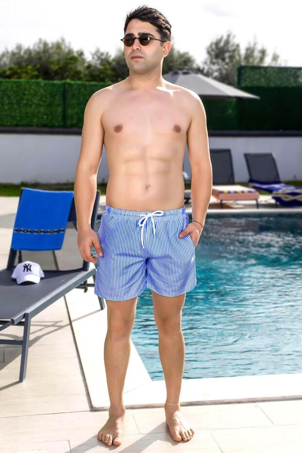 Erkek Basic İnce Çizgili Baskılı Cepli Mavi Deniz Şortu - 1