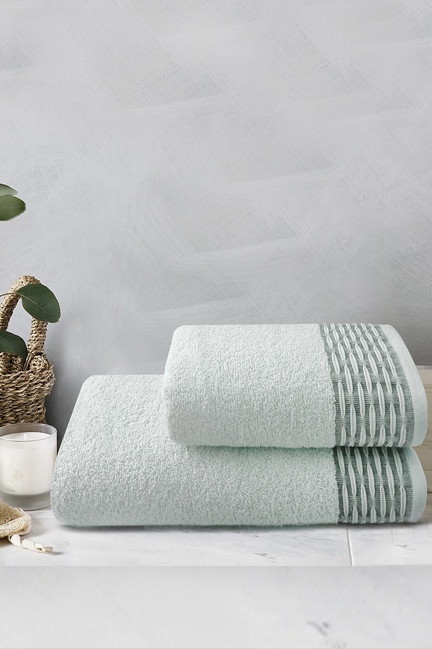 TOWEL SET BATHROOM AND HAND FACE TOWEL MINT GREEN COLOR BORDURY PATTERNED 1stQUALITY COTTON