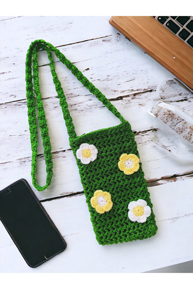 Knitted Daisy Phone Bag Crossbody Bag Green