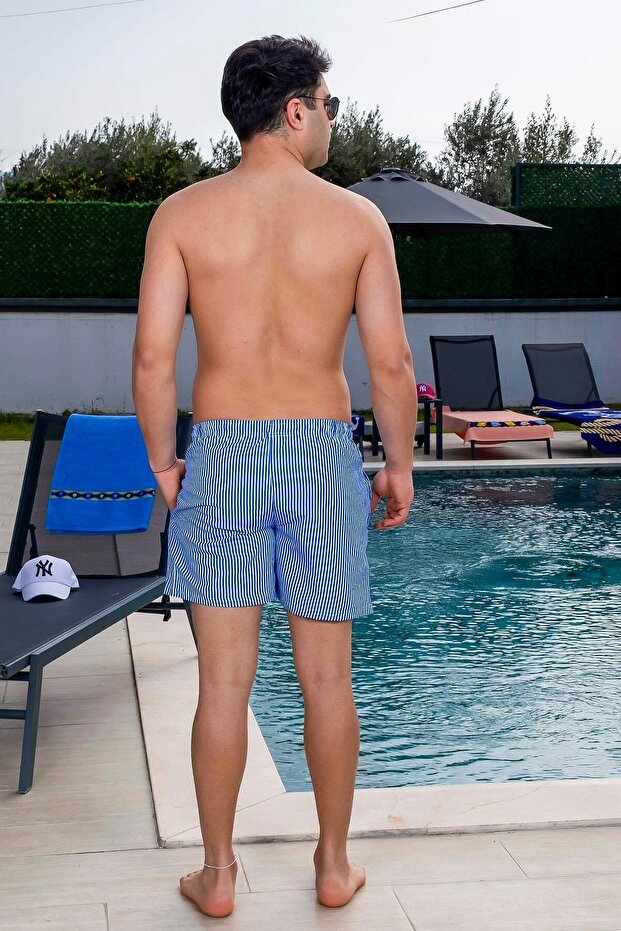 Erkek Basic İnce Çizgili Baskılı Cepli Mavi Deniz Şortu - 4